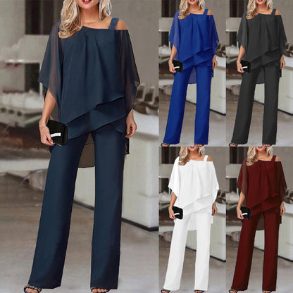 Batwing Sleeve Top and Trousers Women's Casual Strapless Irregular Party Suit Elegant Two-Piece Set  Spring, Summer, Autumn 66