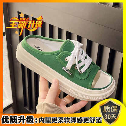 Internet Celebrity Canvas Semi-Slippers Women's Outdoor Ins Fashionable  Summer New Fashion All-Match Slip-on Platform Sandals