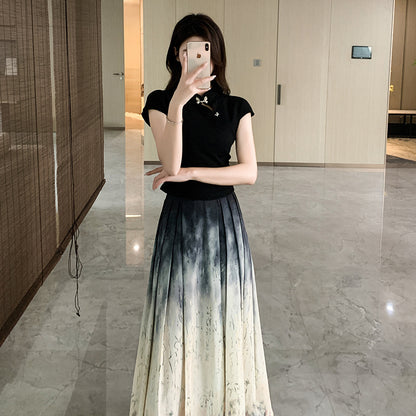 New Chinese Style Casual Suit Skirt for Women Summer  New Elegant Slimming Ink Painting Horse-Face Skirt Skirt Two-Piece Set