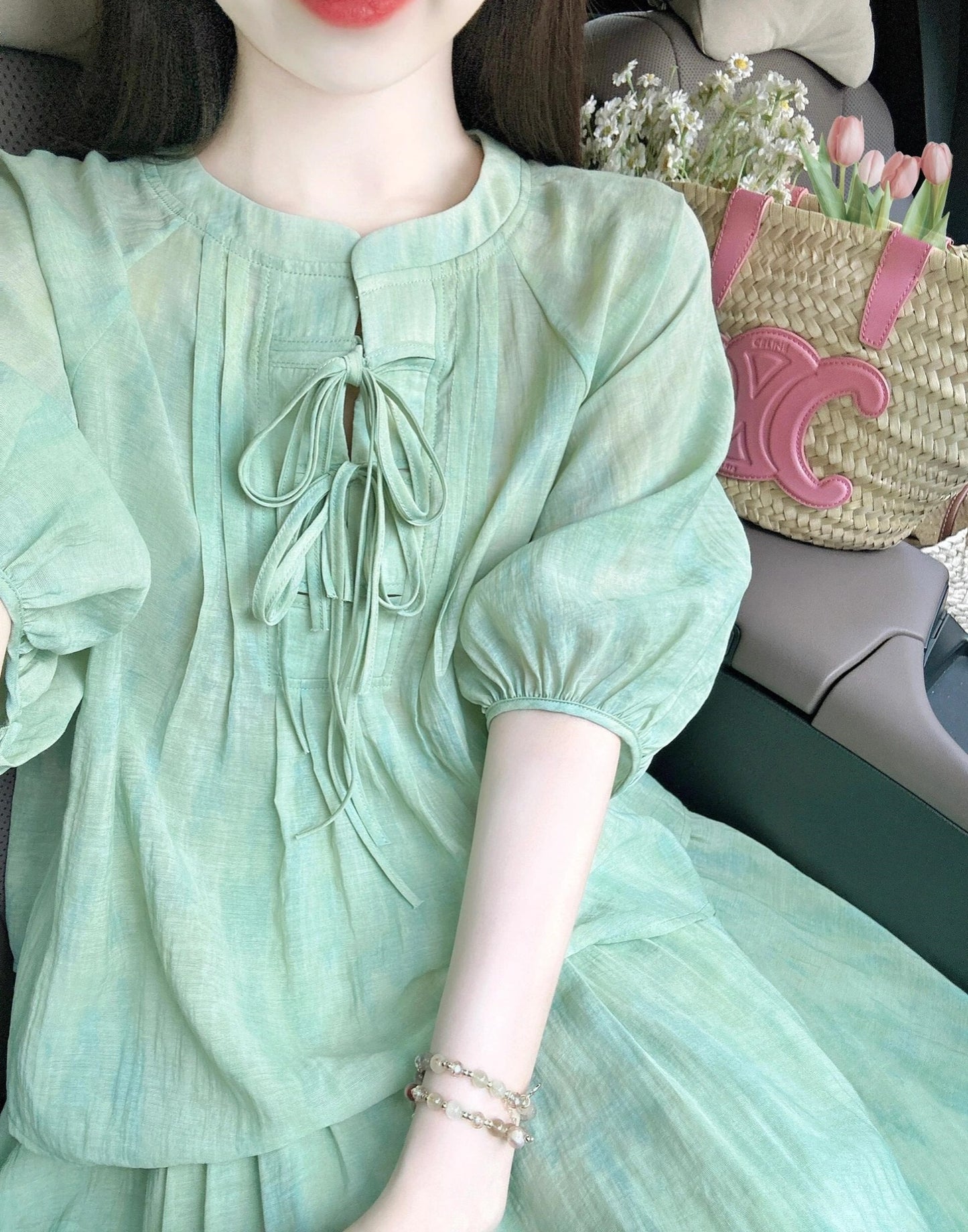 Mint Mambo Green New Chinese Style Fresh Tie-Dyed Dress Women's Summer Shirt Two-Piece Loose Long Skirt