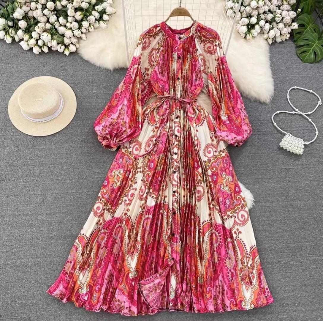 IKEARLAX  High-Grade Light Luxury Temperament Lantern Long Sleeve round Neck Waist Trimming Slimming Single-Breasted Printed Dress Elegant Long Dress