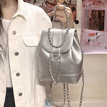 New Ins Style Silver Chain Backpack Women's Popular Korean Version of Chanel's Style Backpack Fashion Special-Interest Schoolbag