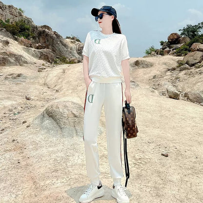 Leisure Sports Suit Women's Summer  New Fashion Fried Street Western Style Youthful-Looking Thin White Pure Cotton Two-Piece Suit Fashion