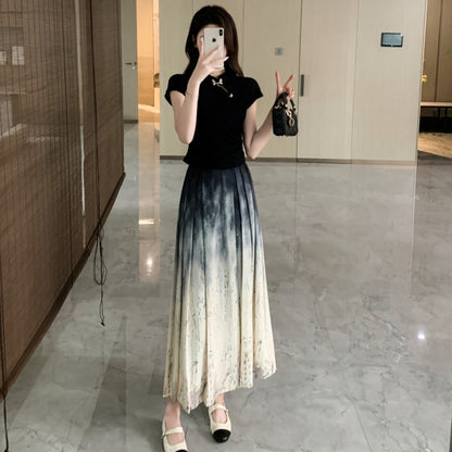 New Chinese Style Casual Suit Skirt for Women Summer  New Elegant Slimming Ink Painting Horse-Face Skirt Skirt Two-Piece Set