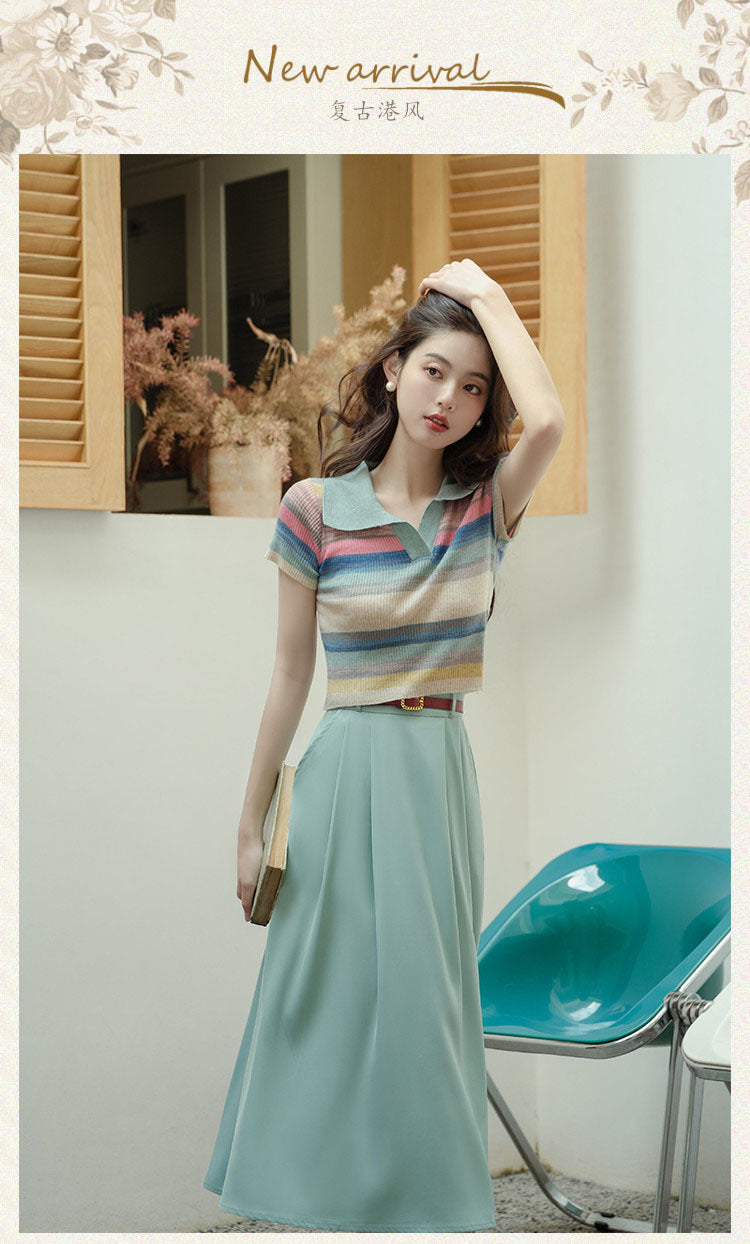 Hong Kong Style Retro Two-Piece Skirt Women's Summer Skirt with Chic Top Sweet and Spicy Suit Elegant Women's Clothing High-Grade