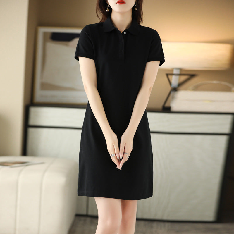 IKEARLAX Polo Collar Mid-Length Dress Women's Summer New Casual All-Matching A- line Skirt Simple Elegant Thin Lapels Skirt