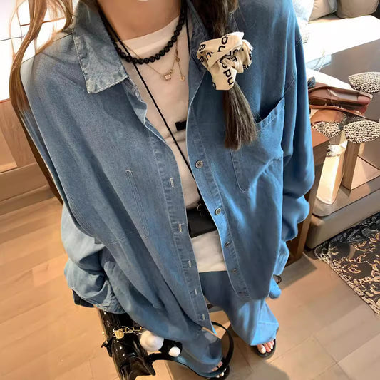 Lyocell Denim Shirt Outfit Women's  Spring/Summer New Casual Sports Jacket/Straight-Leg Trousers Two-Piece Set