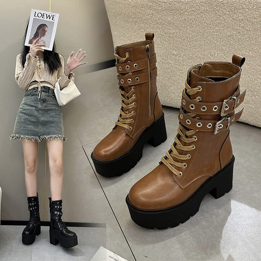 New Foreign Trade plus Size Casual Lace up Belt Buckle All-Match Platform High Heel Fashion Boots Solid Color Personalized Boots