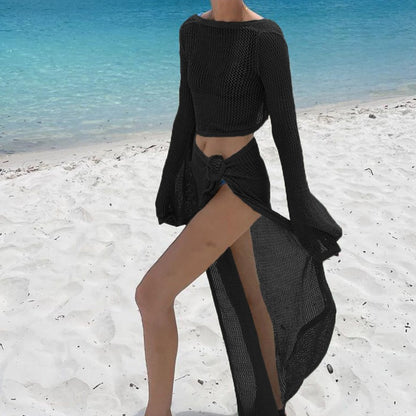 Hollow out Long Sleeve Knitted Two-Piece Short Top  Cross Border Beach Seaside Sexy Lace-up Skirt Suit