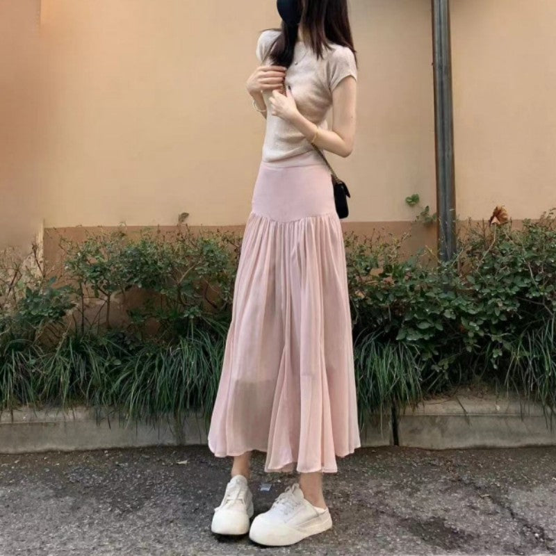 Small Gentle and Slim-Fit Fishtail Skirt Long Twinset New Style Pink High Waist A- line Fairy Skirt Women's Fashion