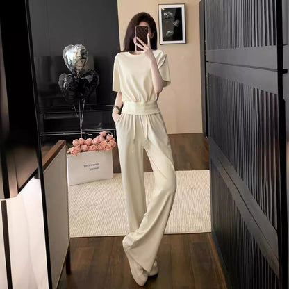 High-End Casual Sports Suit Women's Summer Wear Slimming and Fashionable Anti-Aging Elegant Solid Color Short-Sleeved Wide-Leg Pants Two-Piece Set