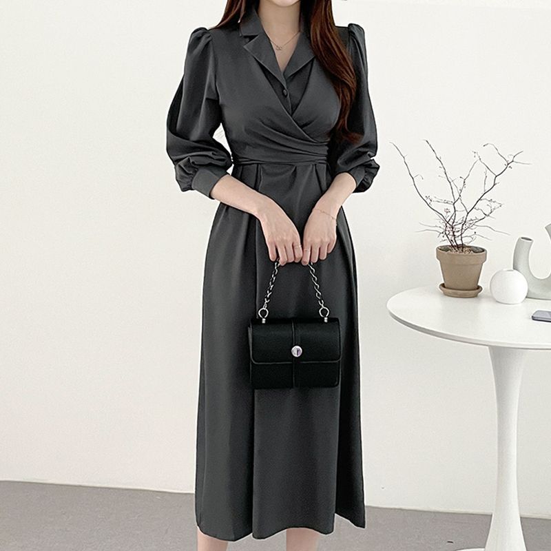 IKEARLAX South Korea Chic Early Autumn  Elegant Lapel Cross Lace-up Waist Puff Sleeve Shirt Dress Midi Dress