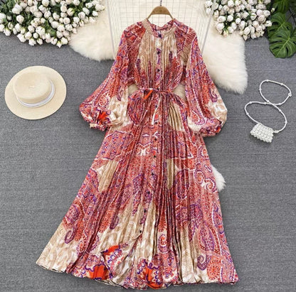 IKEARLAX  High-Grade Light Luxury Temperament Lantern Long Sleeve round Neck Waist Trimming Slimming Single-Breasted Printed Dress Elegant Long Dress