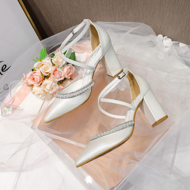 ikearlax Cross-Border High Heels Pointed Toe Chunky Heel Cross Strap Rhinestone Pearl Decoration White Wedding Bridal Shoes Banquet Women's Shoes 43