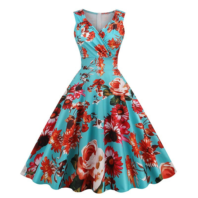 ikearlax Cross-Border  Women's New 50 S60s Hepburn Style Vintage Printing Dress Floral Dress