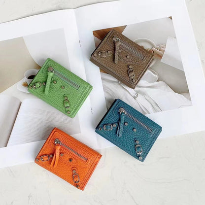 HOTan and NEWn Compact Mini Wallet Leather Wallet Women's Short and Thin Motorcycle Coin Purse Tri Fold Wallet Liu Ding