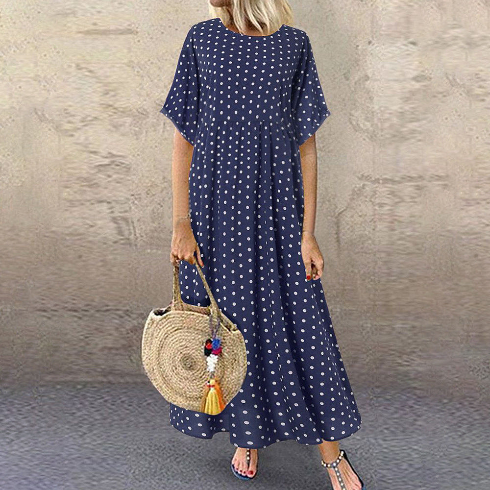 IKEARLAX Cross-Border Foreign Trade Polka Dot Dress Women  Summer New round Neck Short Sleeve and Long Pattern Dress Women One Piece Dropshipping