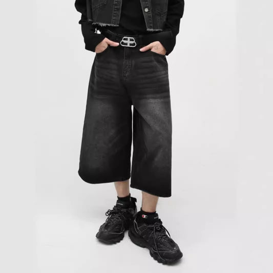 American Street Washed Wide-Leg Pants Cropped Jeans Men's 2024 Spring and Summer Fashion Brand Retro Personality Straight Casual Short