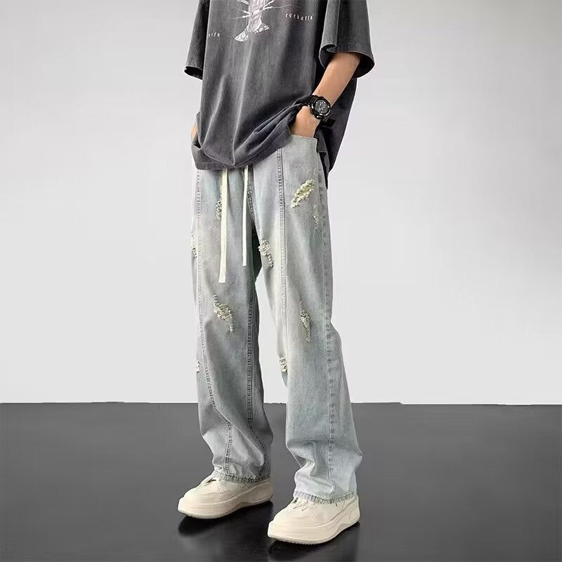 Hong Kong Style Trendy Men New 2024 Personalized Letter Jeans Hip Hop Ins Trendy High Street Fashionable Ruan Handsome Trousers