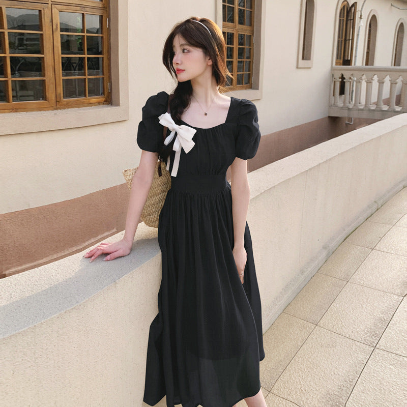 ikearlax Retro Tencel Dress Female  Summer New Elegant Slightly Mature Square Collar Puff Sleeve Slimming Long Dress