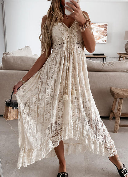 IKEARLAX  In Stock! 323# Summer 2021 New European and American Style Lace Sling Large Swing Solid Color Long Dress