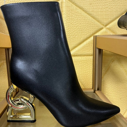 HOTan and NEWn Style Short Boots for Women  Spring and Summer New Metal All-Match Pointed Black Profiled Heel Fashion Boots Women