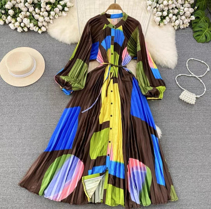 IKEARLAX  High-Grade Light Luxury Temperament Lantern Long Sleeve round Neck Waist Trimming Slimming Single-Breasted Printed Dress Elegant Long Dress