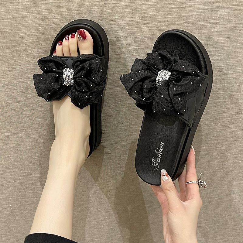 High-Grade Bow Slippers Women's Outdoor Summer Online Influencer Fashion Platform Heel Platform Height Increasing Non-Slip Beach Shoes