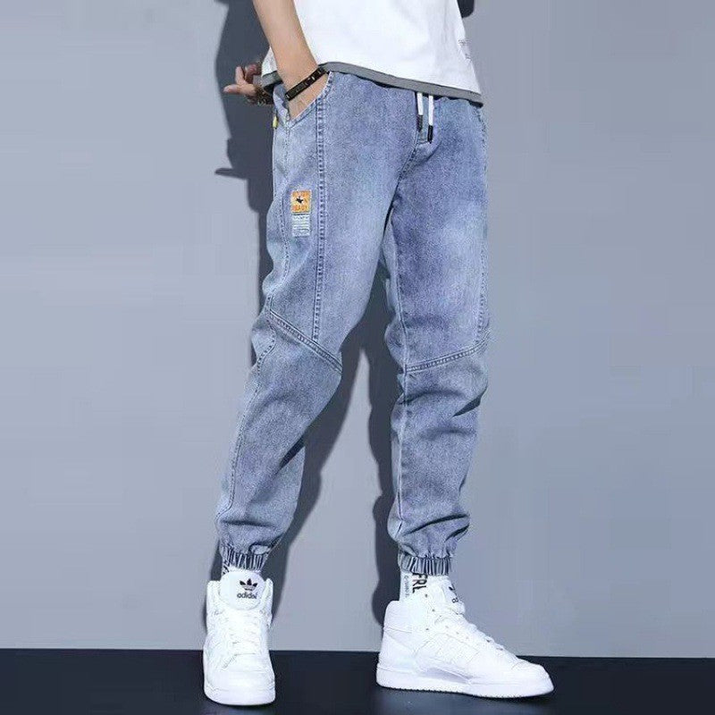 Light Color Denim Pants Boys Spring and Summer 2023 New Ankle-Tied Fashion Brand All-Matching Workwear Harem Cropped Casual Pants