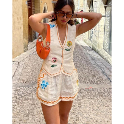 Cross-Border  European and American Spring/Summer New Sleeveless Printing Vest Suit Ins Casual Loose Vacation Two-Piece Set for Women