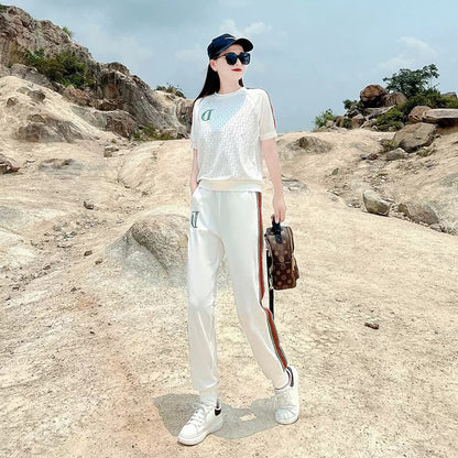 Leisure Sports Suit Women's Summer  New Fashion Fried Street Western Style Youthful-Looking Thin White Pure Cotton Two-Piece Suit Fashion