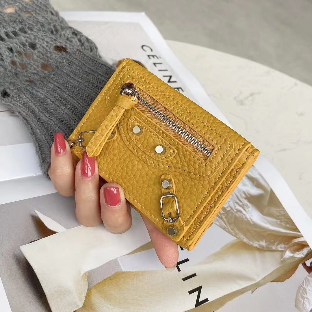 HOTan and NEWn Compact Mini Wallet Leather Wallet Women's Short and Thin Motorcycle Coin Purse Tri Fold Wallet Liu Ding