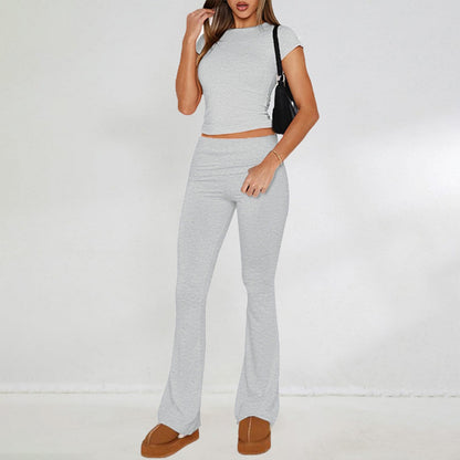 European and American Fashion Casual Set Women's 2-Piece Casual Wear T-shirt Shory Style Top Bell-Bottom Pants Two-Piece Suit