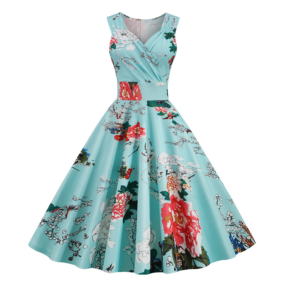 ikearlax Cross-Border  Women's New 50 S60s Hepburn Style Vintage Printing Dress Floral Dress