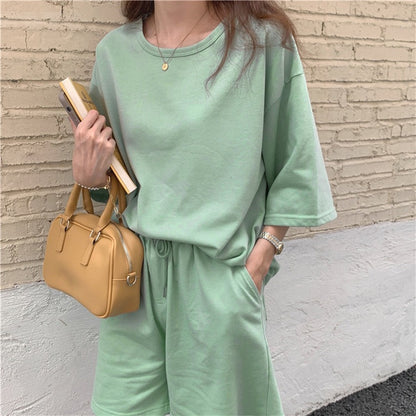 6535 Cotton Suit Women's Summer Casual Fashion Two-Piece Suit Women's Thin Pullover Loose Slimming Shorts Vacation Style Suit