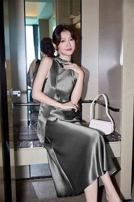 IKEARLAX  Gaoding Triacetate Satin Ribbon Halter Dress 23 New Socialite  Elegant Slim Acetate Dress