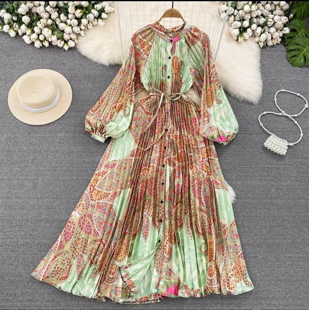 IKEARLAX  High-Grade Light Luxury Temperament Lantern Long Sleeve round Neck Waist Trimming Slimming Single-Breasted Printed Dress Elegant Long Dress