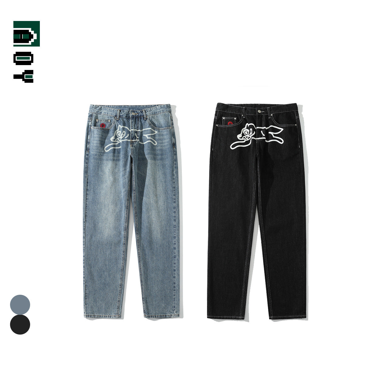 American Style High Street Hip Hop Flying Dog Printed Jeans Men's Autumn and Winter Fashion Brand Straight Loose Trendy Hiphop Pants