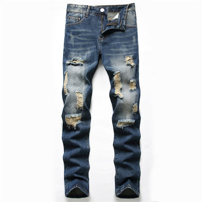 European and American  New Denim Men's Pants  Hot Trade Ripped Trendy Black Slim Fit Denim Straight-Leg Pants Men's Fashion