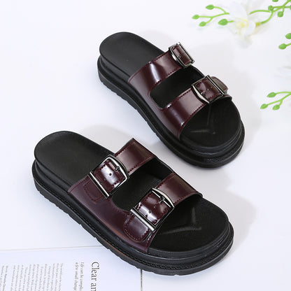 Foreign Trade plus Size Women's Shoes Wear Thick Bottom Solid Color Sandals Women's Metal Belt Buckle Open Toe Casual Slippers