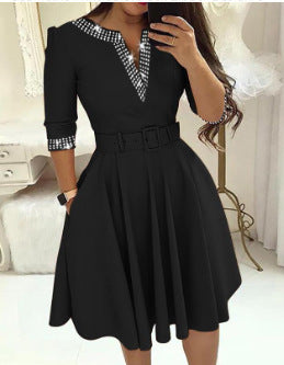 IKEARLAX European and American Autumn and Winter Elegant Waist-Tight Rhinestone Medium Long Sleeve Solid Color Wide Hem V-neck Dress with Belt