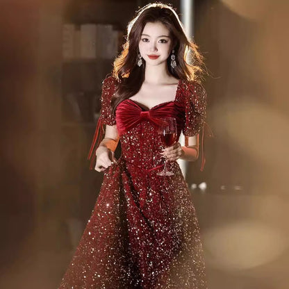 IKEARLAX  Red Toast Dress Bride  High-Grade Little Engagement Dress Wedding Dress  Sequined Princess on the Run