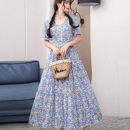 ikearlax Foreign Trade Bohemian Floral Dress Korean Style Cotton Silk Large Swing Dress V-neck Short Sleeve High Waist Dress Beach Skirt