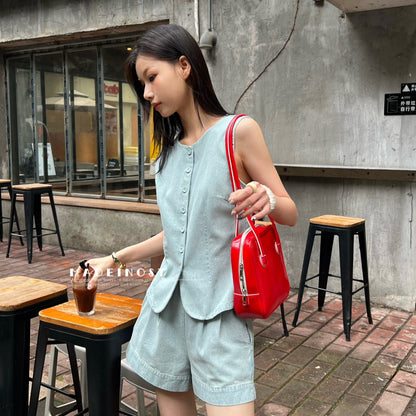 Madeinost Summer Minimalist Blogger Style Pure Wash Denim Vest Elastic Waist Shorts Two-Piece Suit