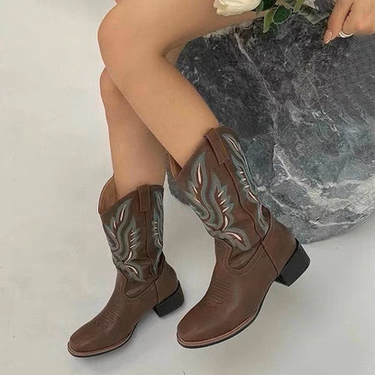 Vintage Embroidered V Martin Boots Women's Summer Brown Boots with Chunky Heels Subnet Red Knight Boots Short Boots Western Cowboy Boot 34-44