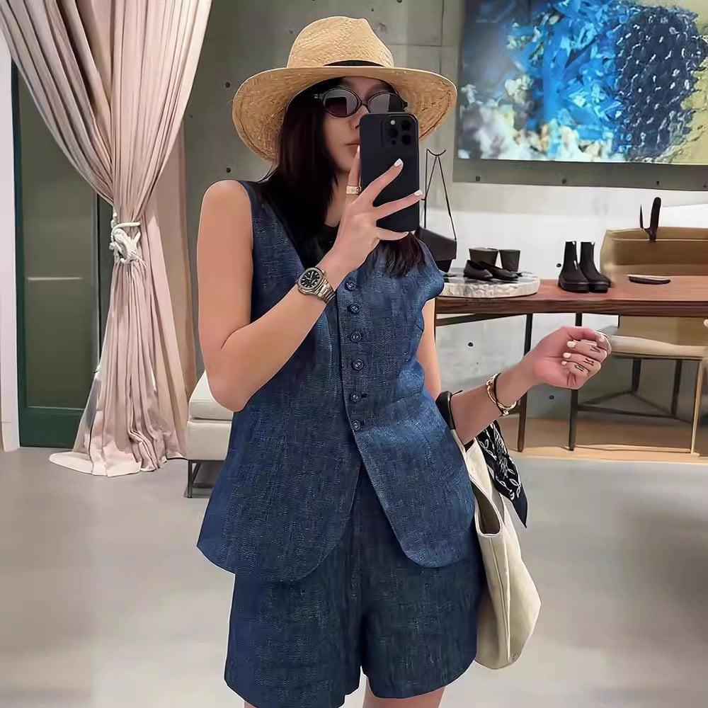 Retro Blue Linen Denim Suit Women's  Summer Hong Kong Style Casual Sleeveless Vest Cardigan Shorts Fashion Two-Piece Suit