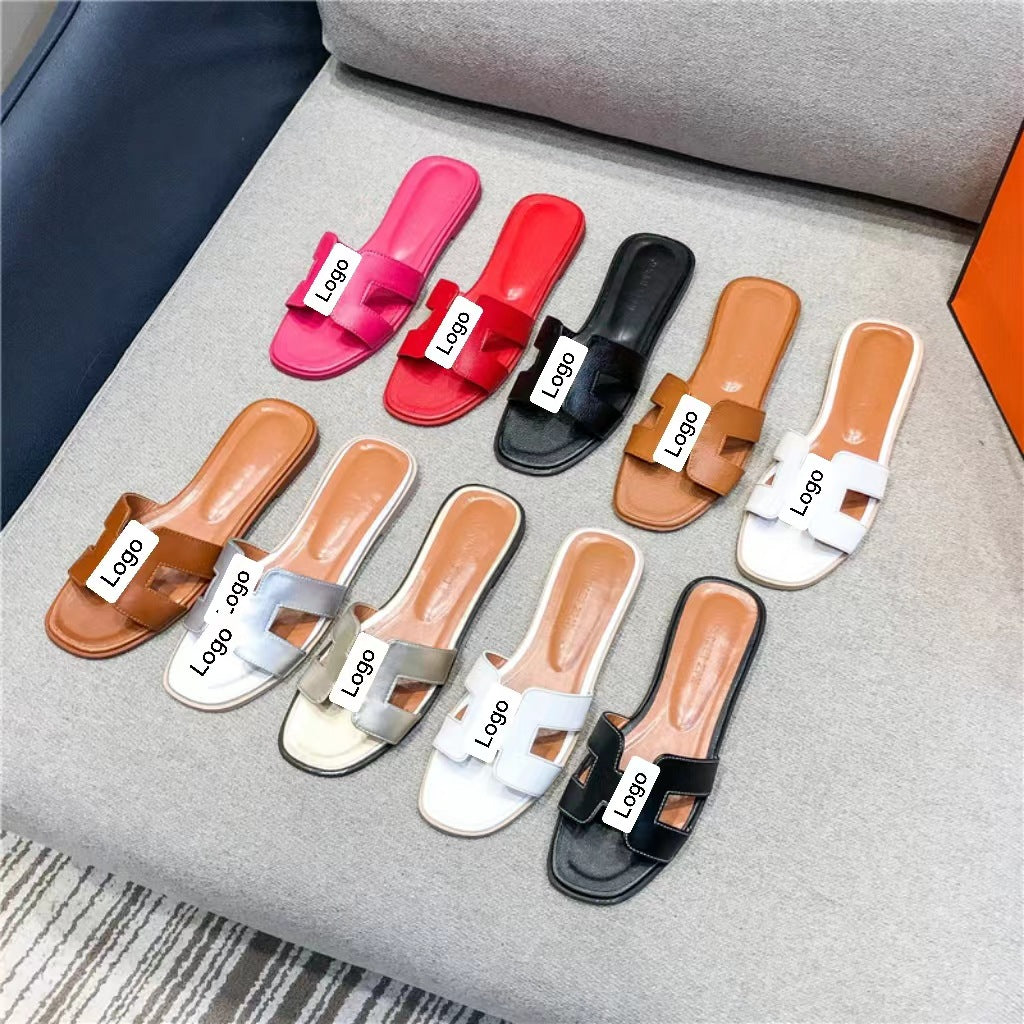 Slippers Women's Summer Fashion Outdoor H Flat Trailer Rhinestone Internet Celebrity All-Match One-Word Slippers