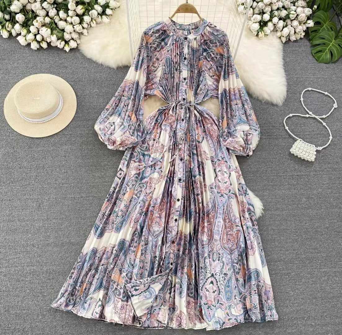 IKEARLAX  High-Grade Light Luxury Temperament Lantern Long Sleeve round Neck Waist Trimming Slimming Single-Breasted Printed Dress Elegant Long Dress