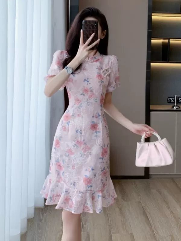 IKERRLAX National Style New Chinese Style Pink Cheongsam Improved Young Girls' Retro Elegant Fishtail Dress  New Women's