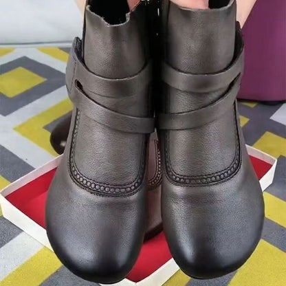 Cross-Border Ethnic Style Retro Ankle Boots Women's Chunky Heel round Head Comfortable Mom Shoes Side Zipper Versatile Leather Boots Soft Bottom Soft Surface